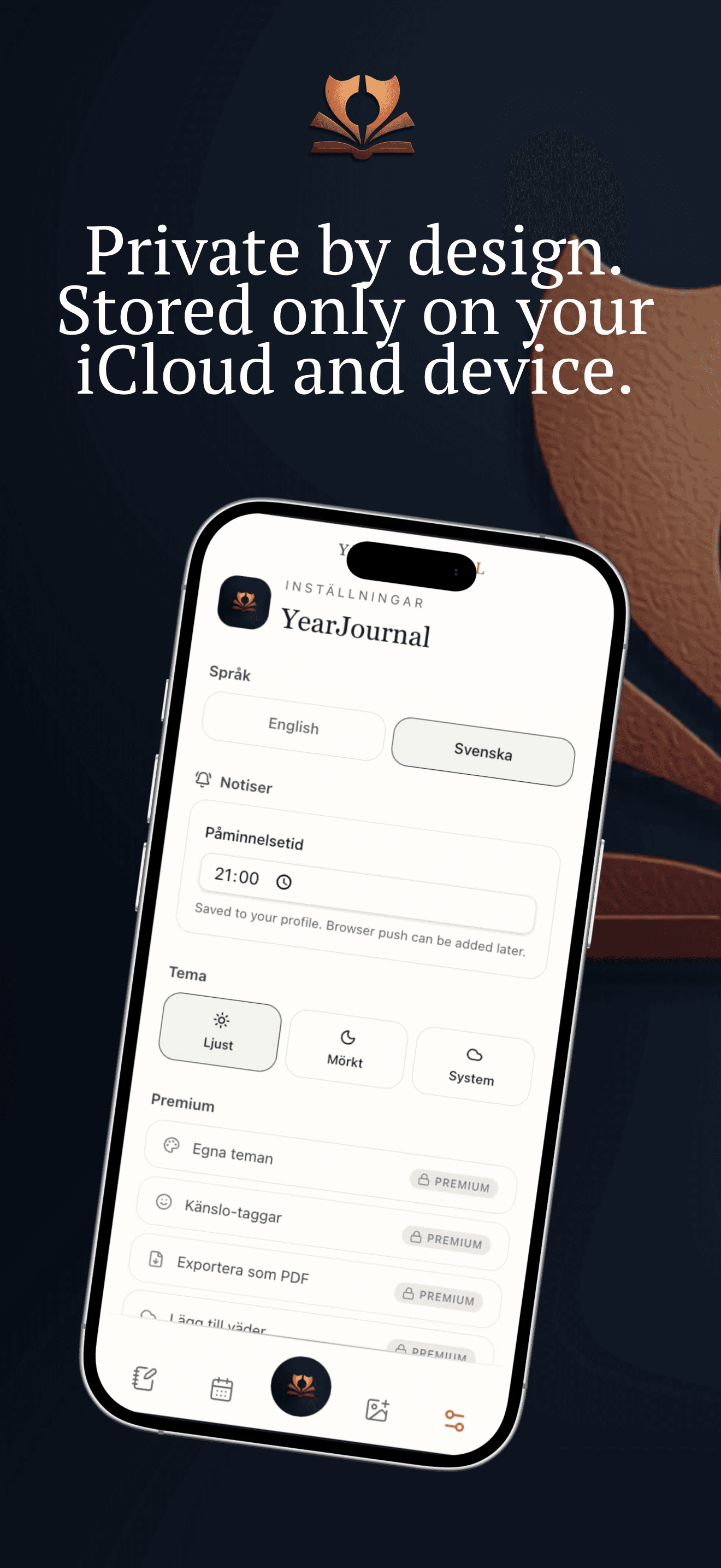 YearDiary privacy and settings screen